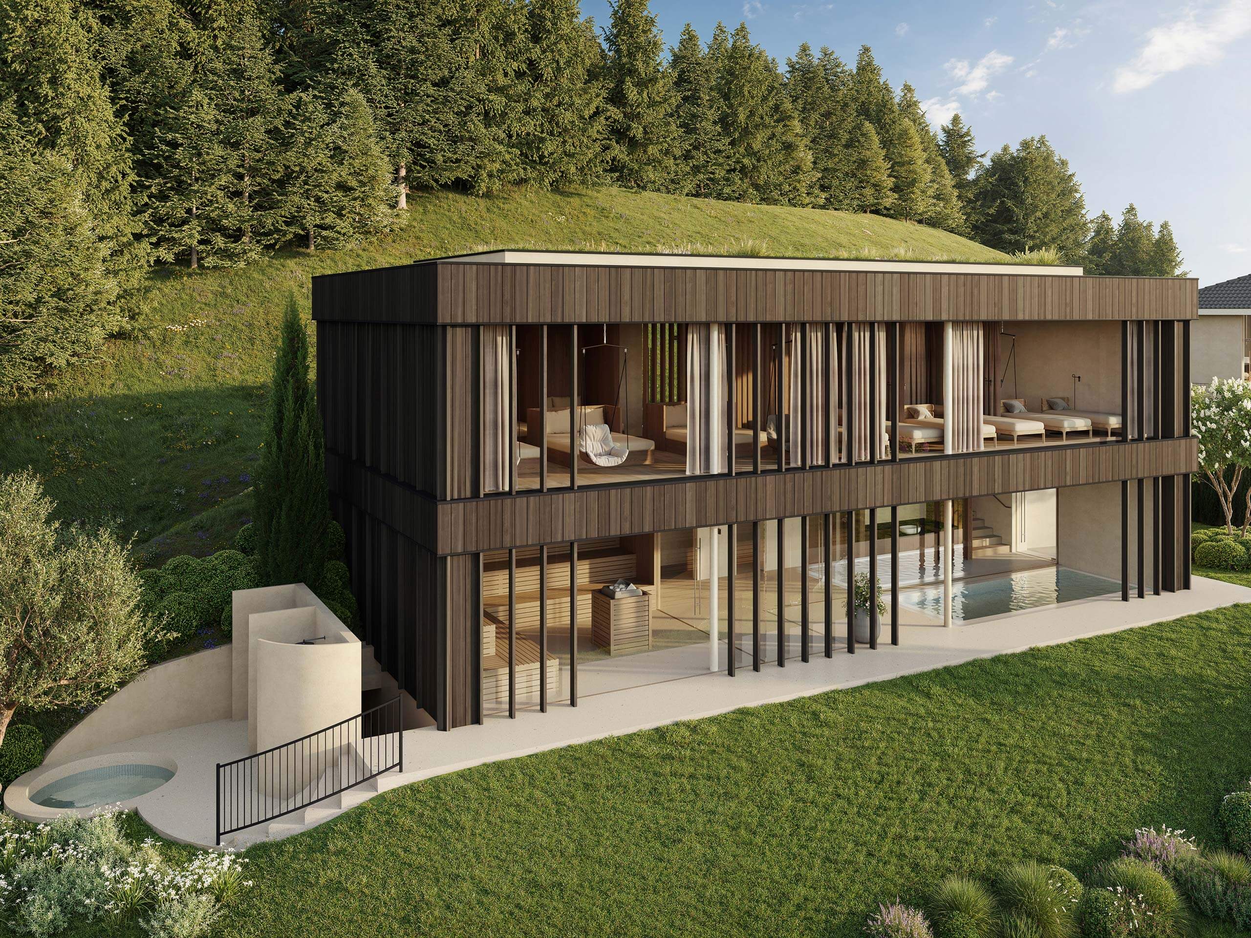 The new adults only sauna house surrounded by lush greenery at the new Ganis Resort Dolomites