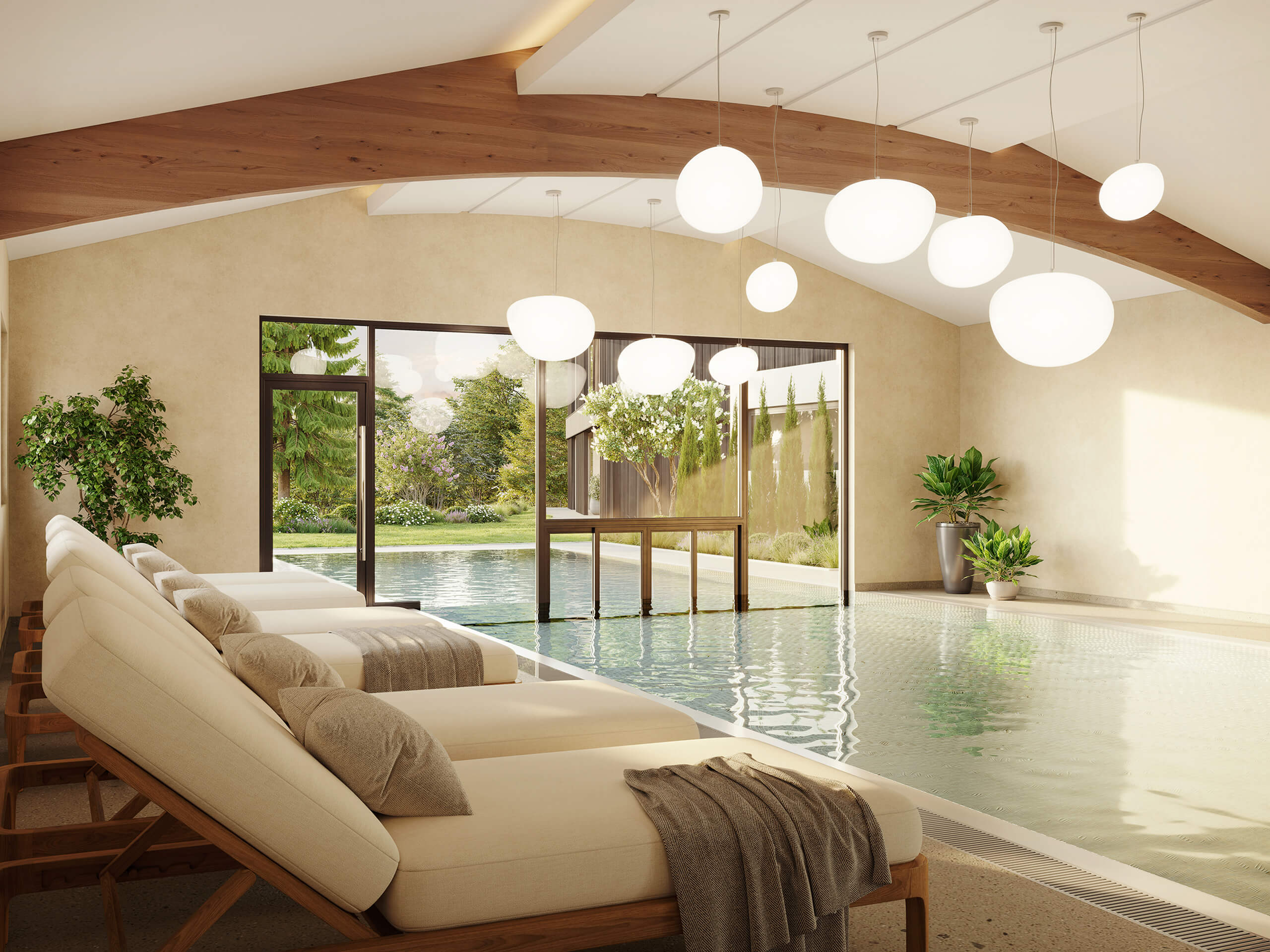 Serene indoor pool with lounge chairs at the Ganis Resort Dolomites